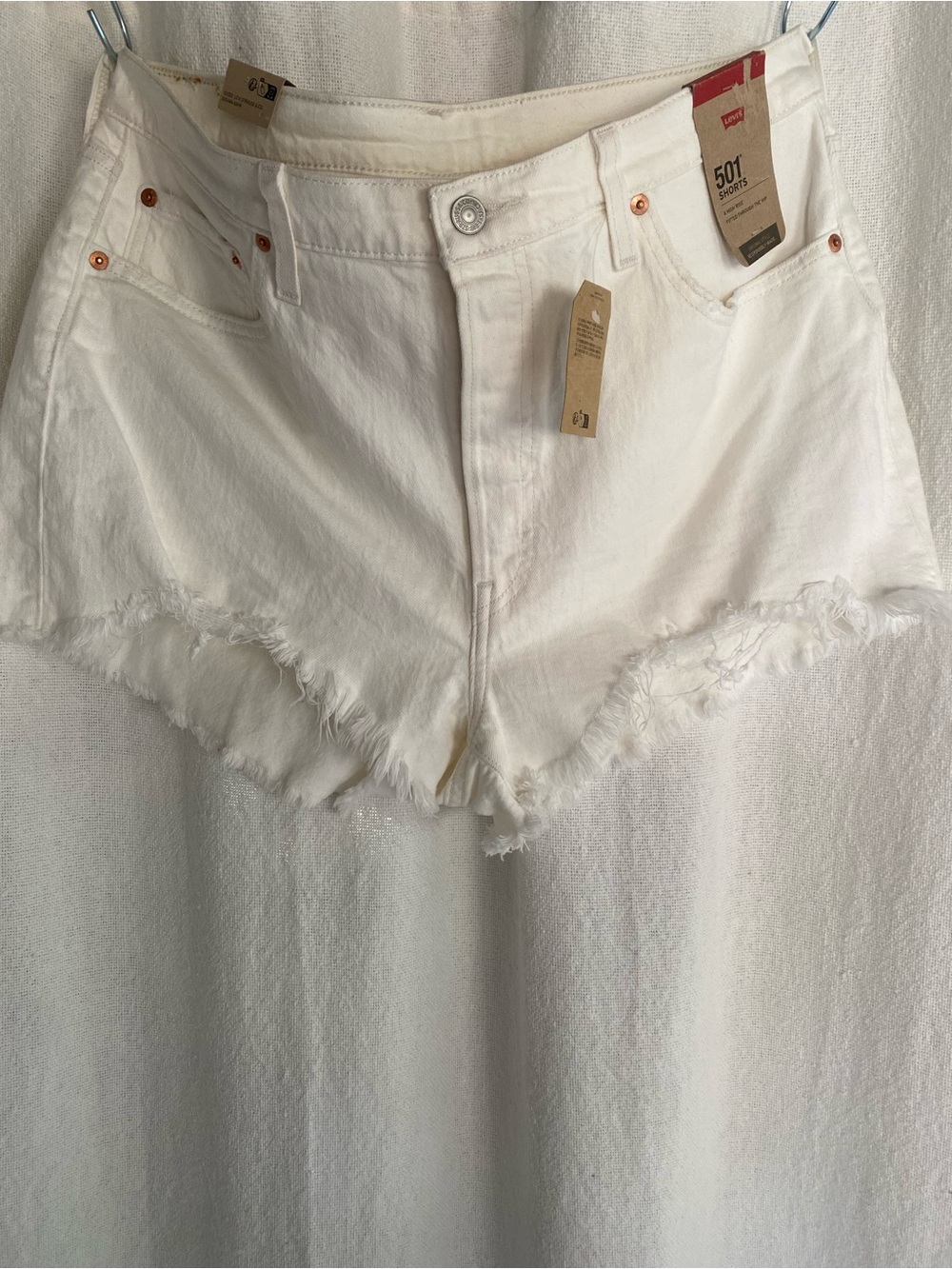 Levi’s 501 White Denim Cutoff Shorts High Rise Raw Distressed Size 34 NWT